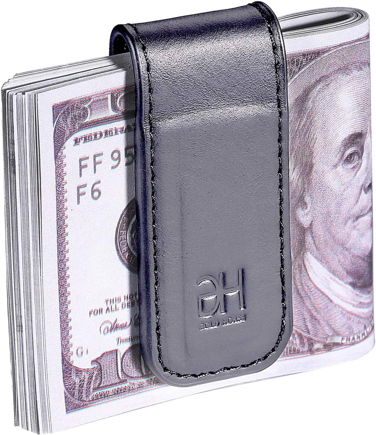Grey genuine leather magnetic money clip with EH logo, clasped over folded bills