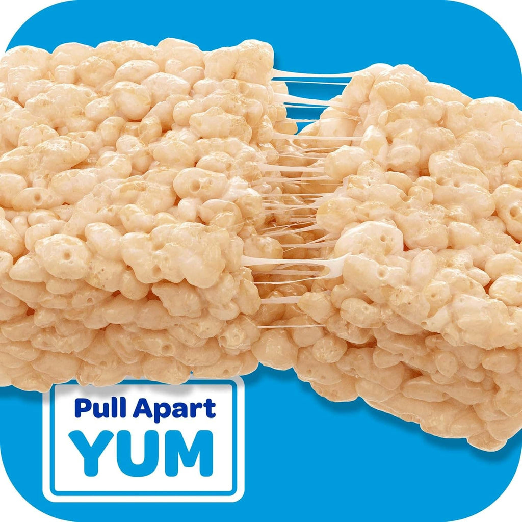 Crispy rice marshmallow squares piled together, pull-apart texture