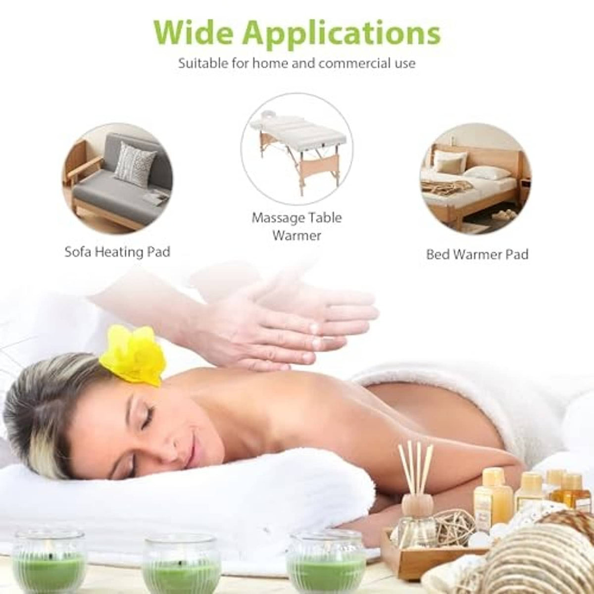 Massage heating pad for bed use with controller and person resting