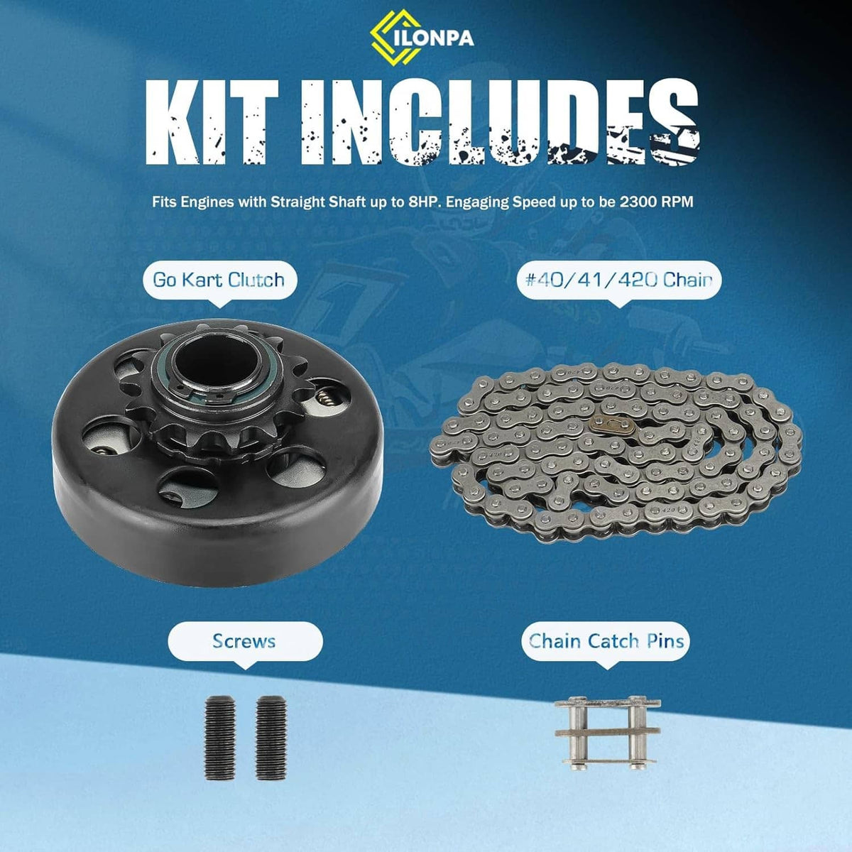 Centrifugal clutch kit with black clutch sprocket, chain, screws, and chain catch pins