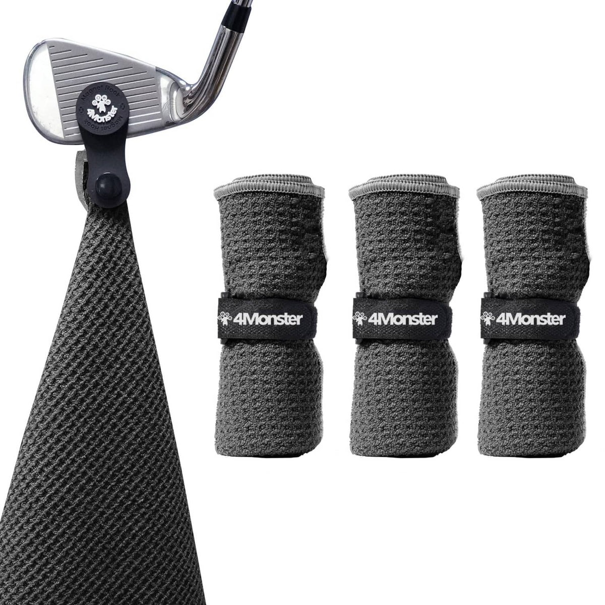Set of 3 black waffle-weave golf towels with 4Monster logo