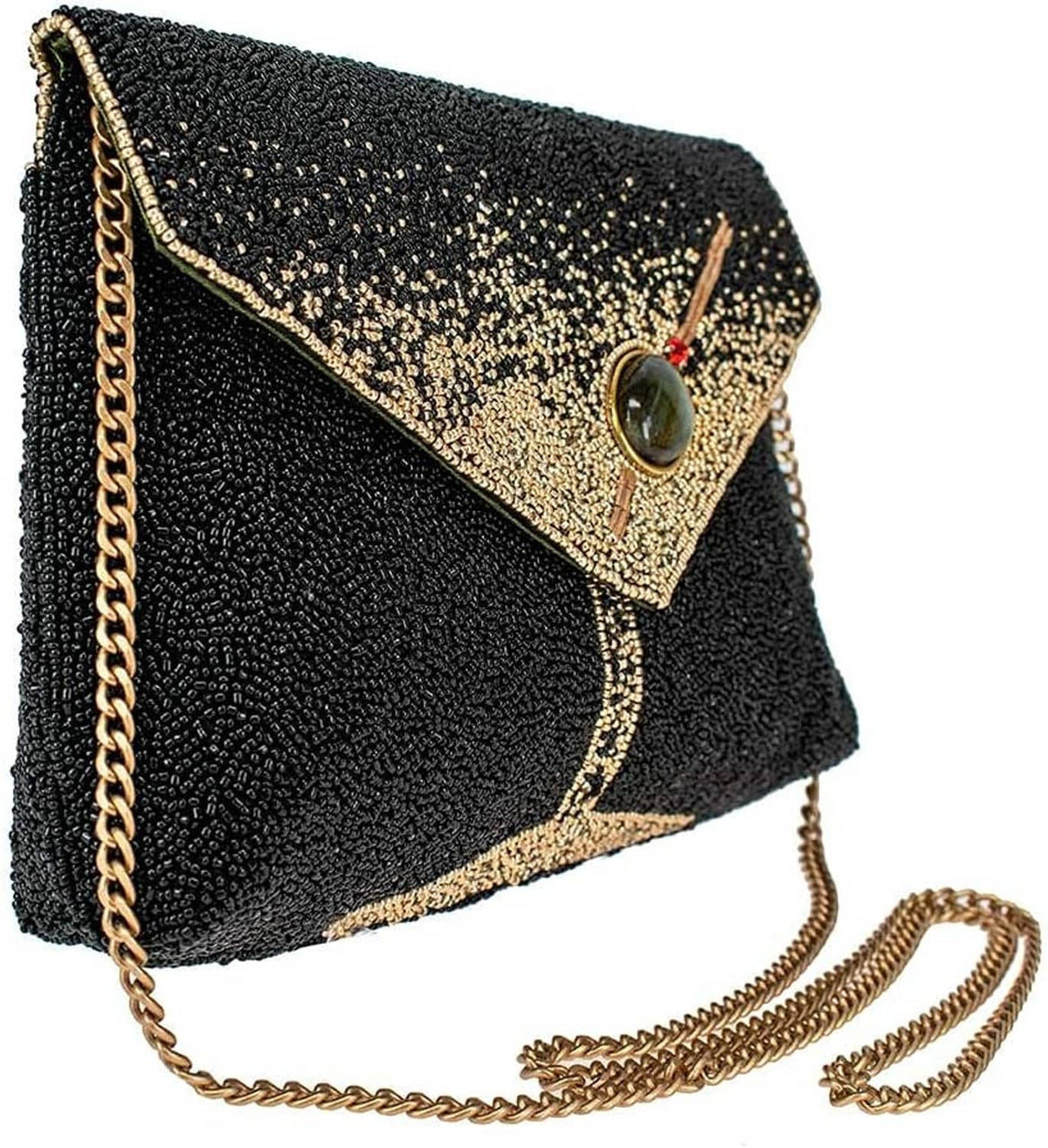 Black beaded clutch with gold diamond trim, oval gem clasp, and gold chain strap