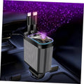 Retractable car charger dock with dual USB ports, silver and black cylinder