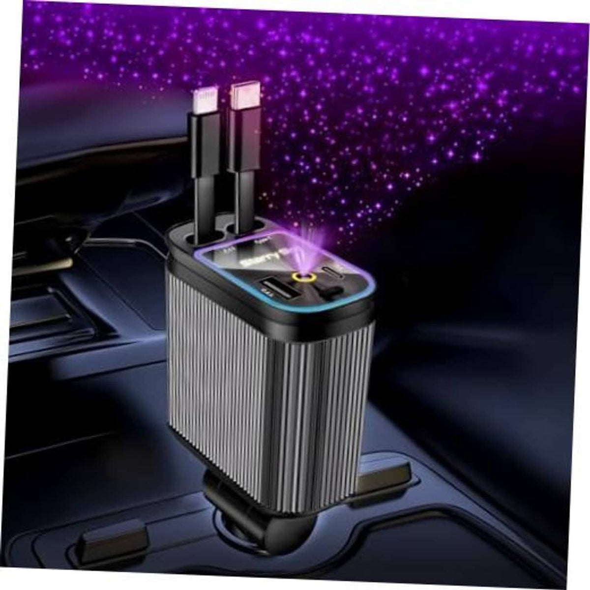 Retractable car charger dock with dual USB ports, silver and black cylinder