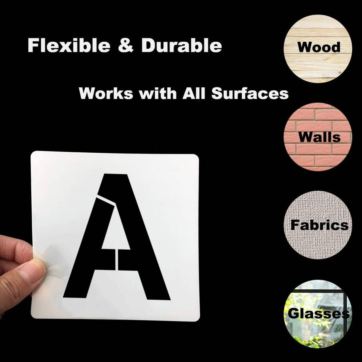Reusable alphabet stencil card with bold black “A” and icons for wood, walls, fabrics