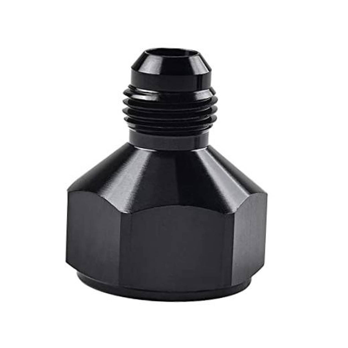 Black AN flare reducer adapter with hex body and threaded flare connection