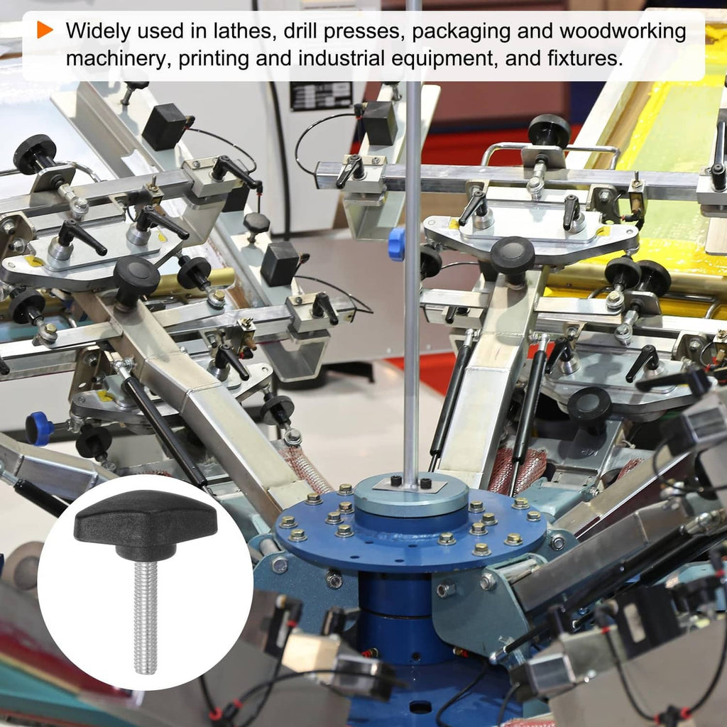 Black wing thumb screw knob shown attached to a workholding machine component