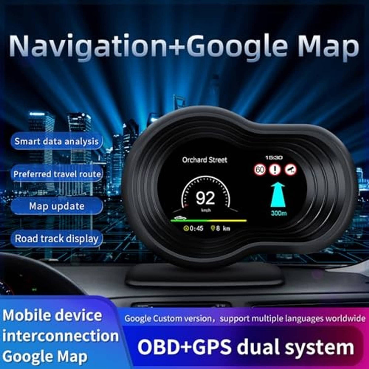 Dual-screen OBD head-up display on dashboard with navigation-style map interface