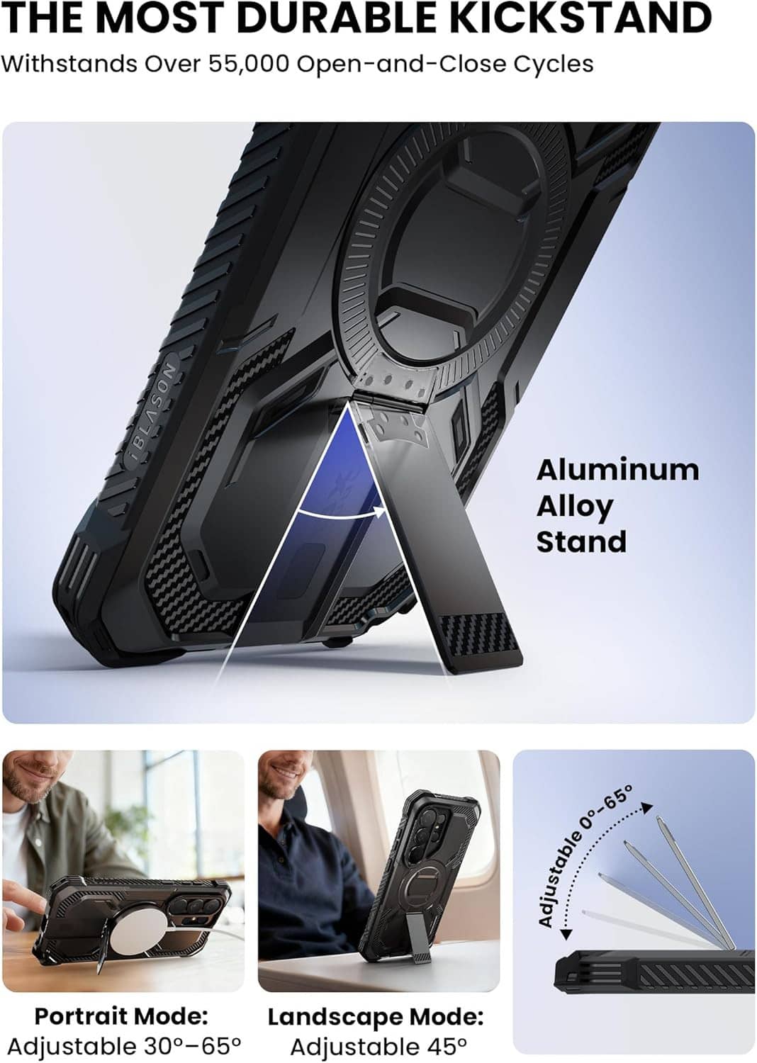 Rugged black case with aluminum adjustable kickstand in portrait and landscape angles