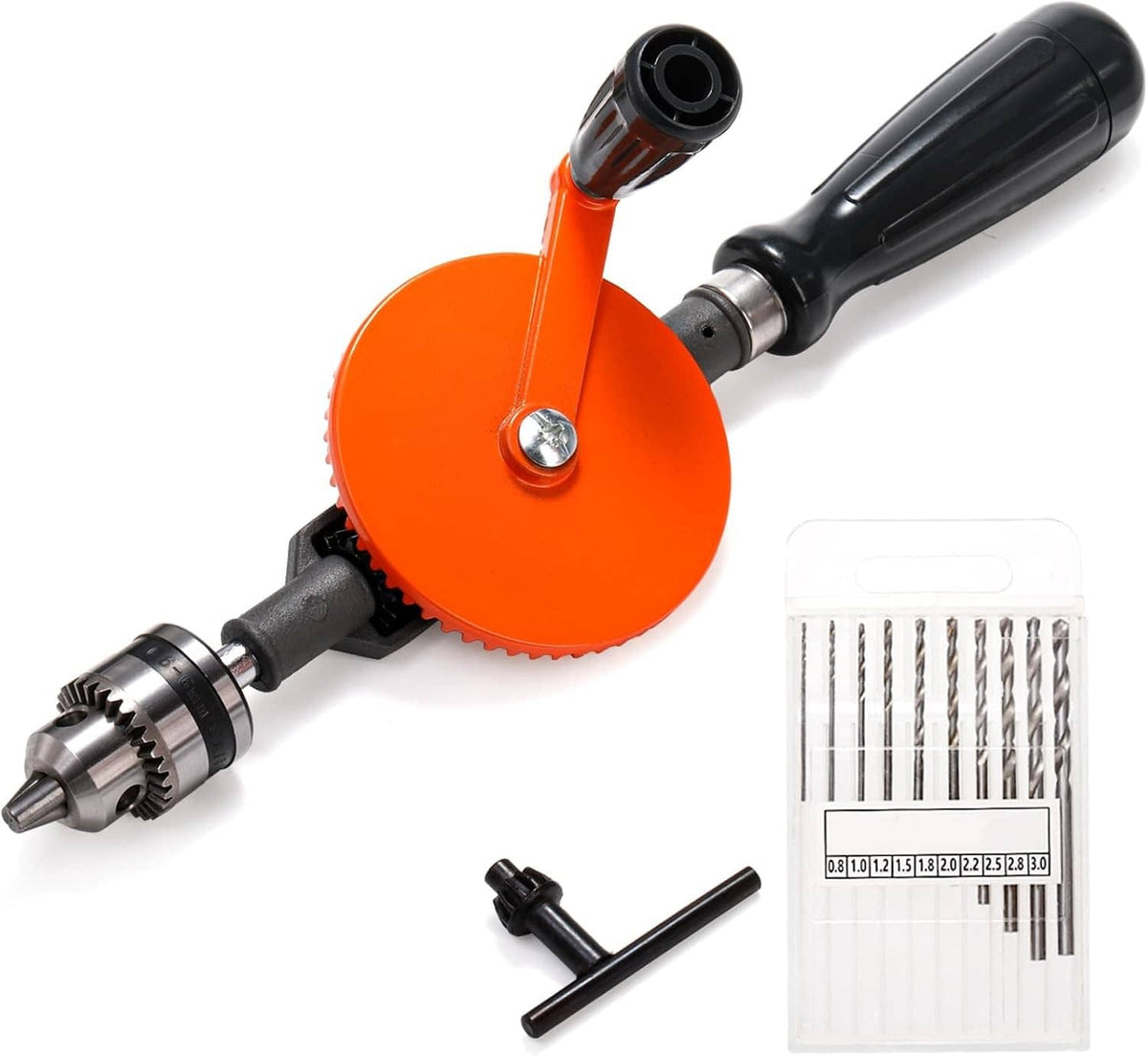 Manual hand drill set with orange circular guard, black handle, and drill bit organizer