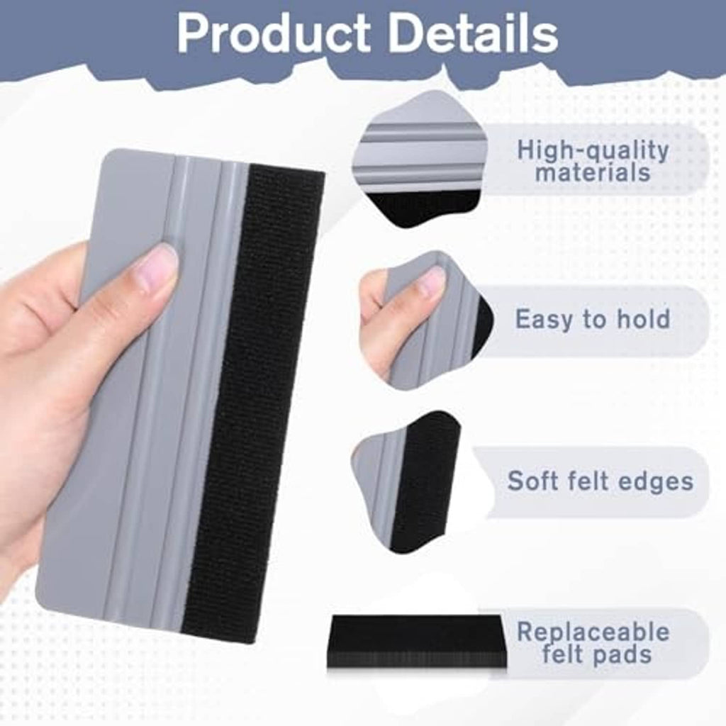 Close-up of gray squeegee with black felt edge, held for decal or tint work.