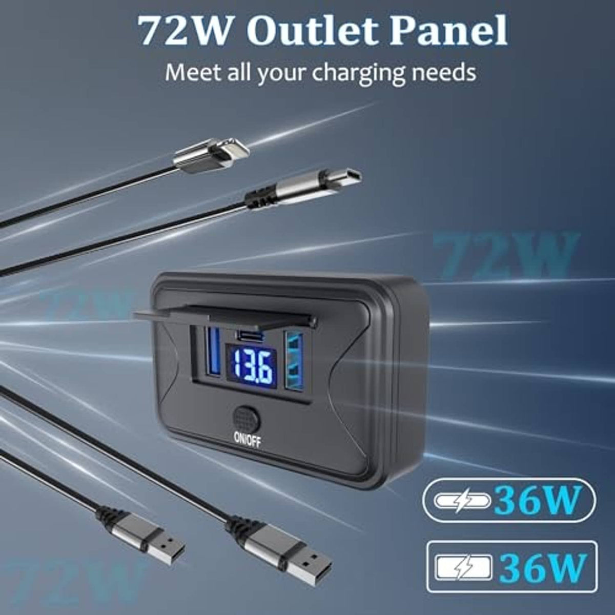 Black USB outlet panel wall mount with dual USB ports and illuminated blue voltage display