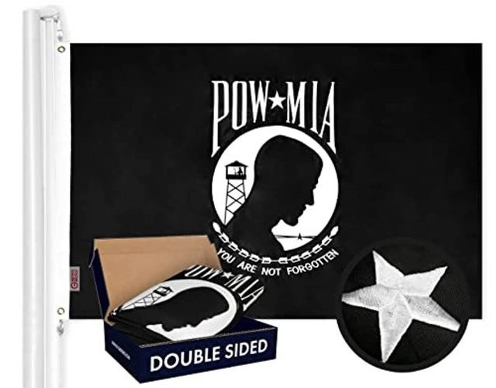 Double-sided POW-MIA flag featuring POW profile, cross/bridge icon, and white star