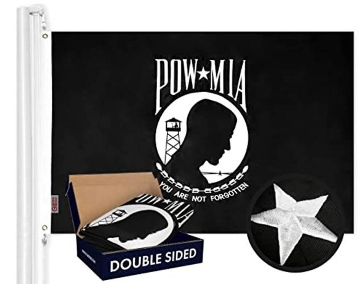Double-sided POW-MIA flag featuring POW profile, cross/bridge icon, and white star