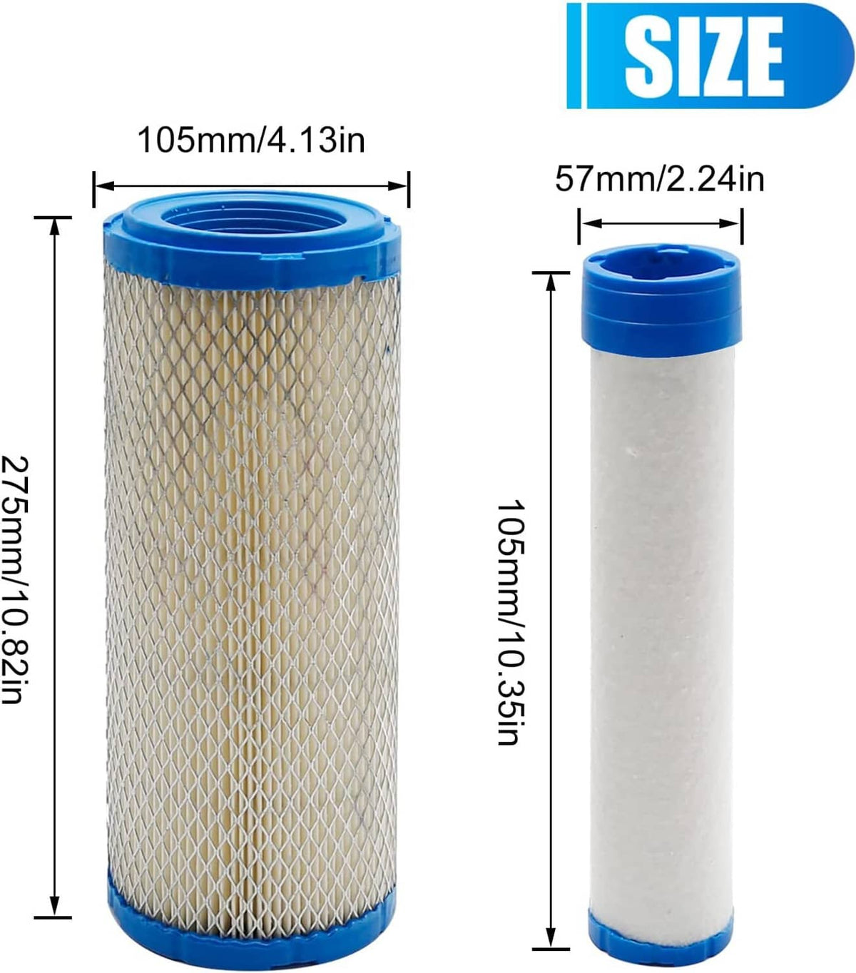 Air filter cartridge with blue end caps and pleated mesh media, shown with size measurements.
