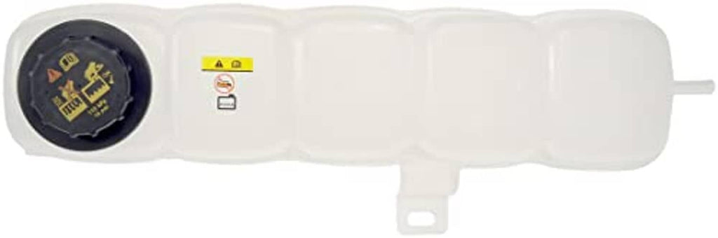 White coolant reservoir with black cap and warning label detail