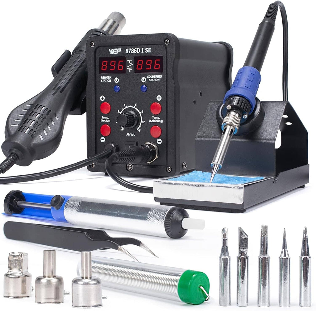Hot air rework soldering station kit with iron, hot air nozzle, and assorted tips