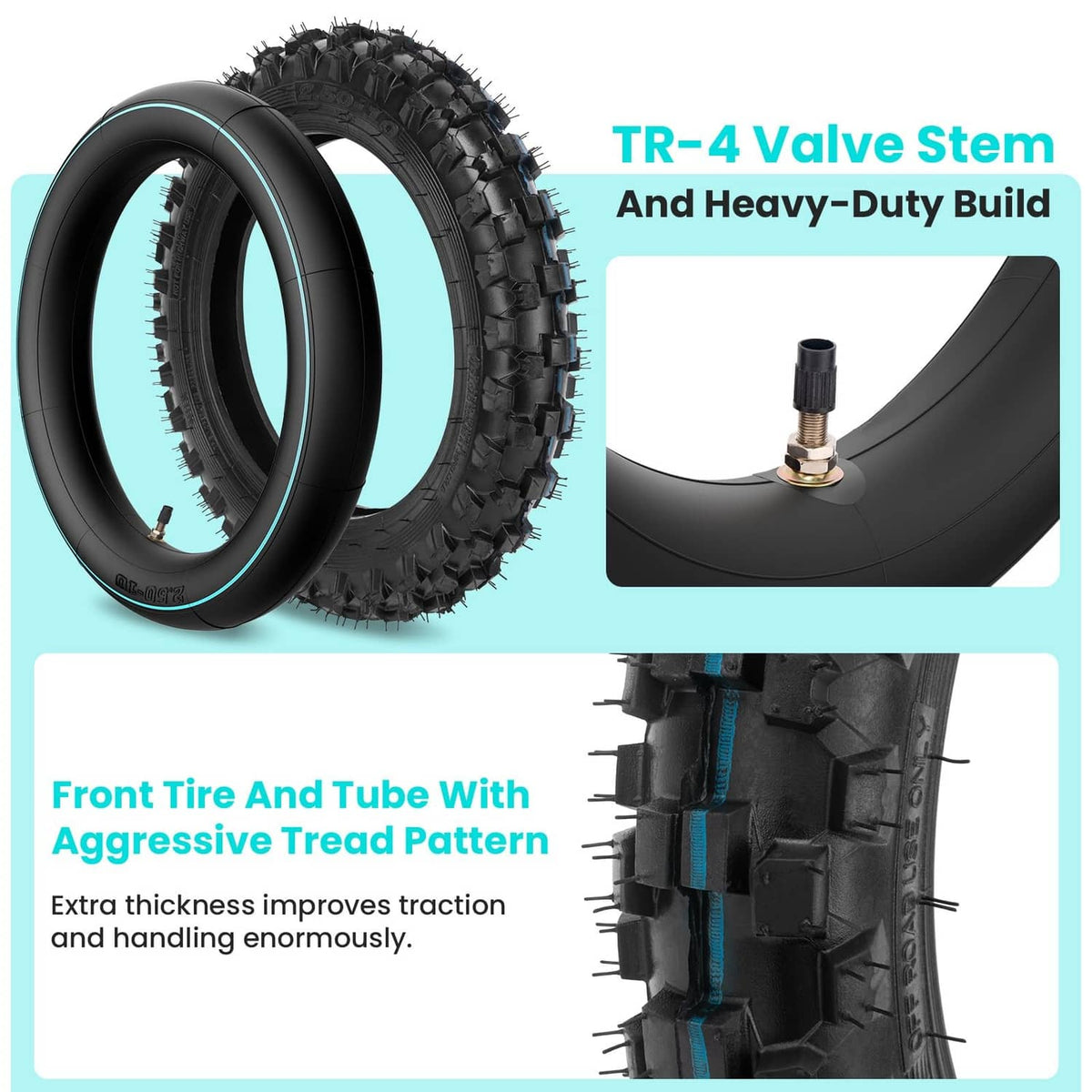 Off-road tire and TR-4 valve stem with heavy-duty build, knobby tread