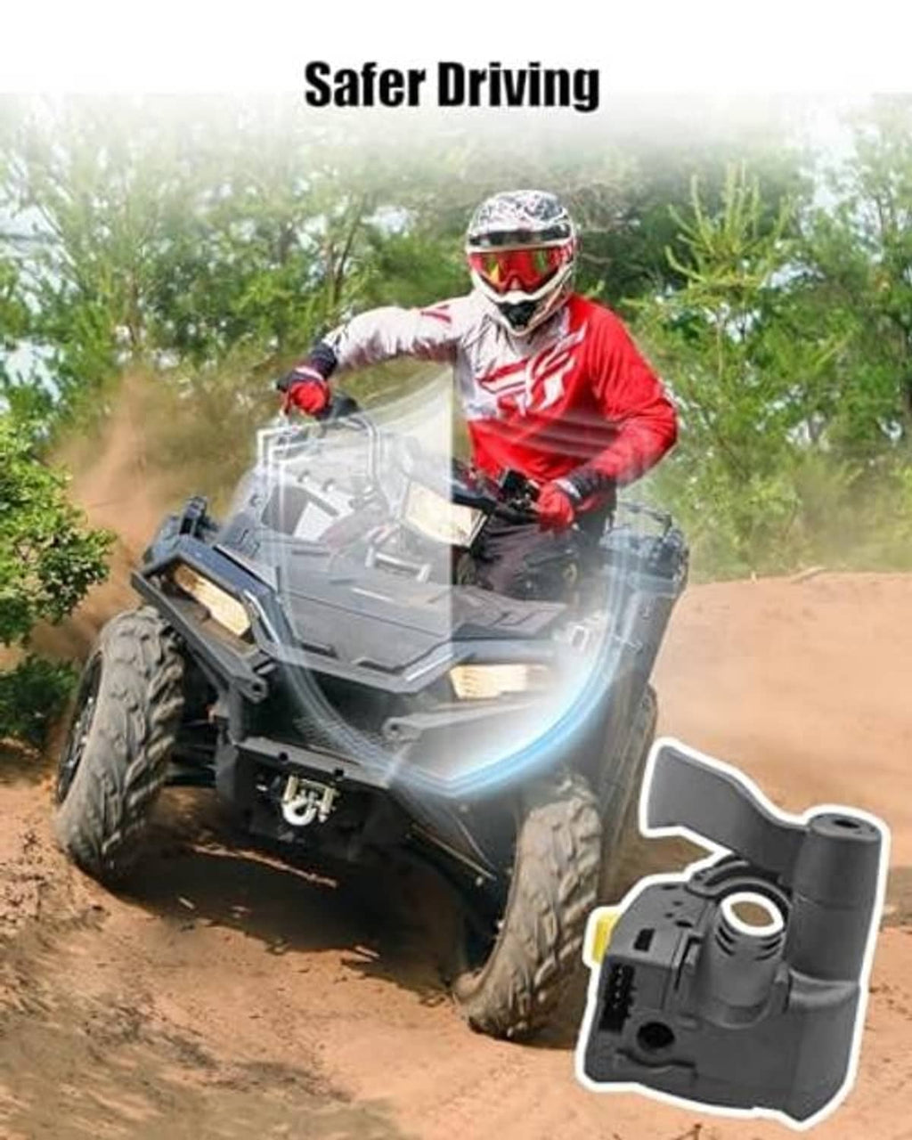 Black thumb throttle control lever with yellow switch, shown near ATV controls