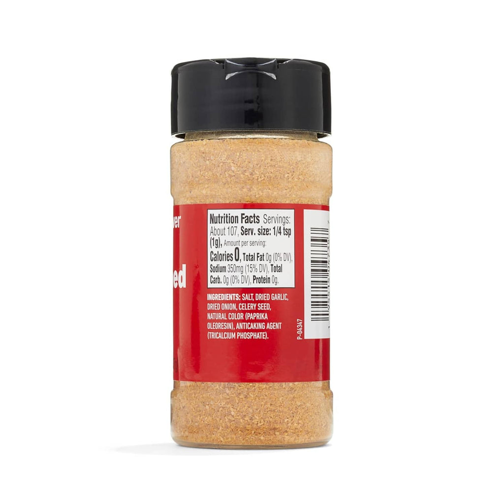 Seasoned salt bottle with black cap, back label details and barcode