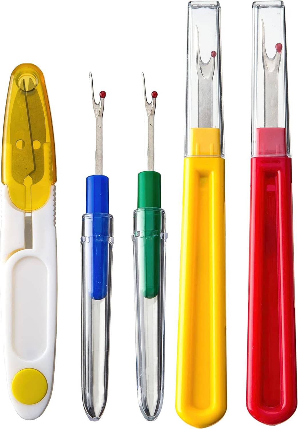 Complete seam ripper tool set with yellow, blue, green, and red housings