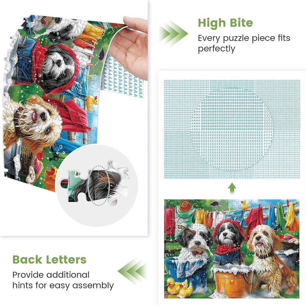 Jigsaw puzzle box and loose puzzle piece shown in hand, dog-themed artwork