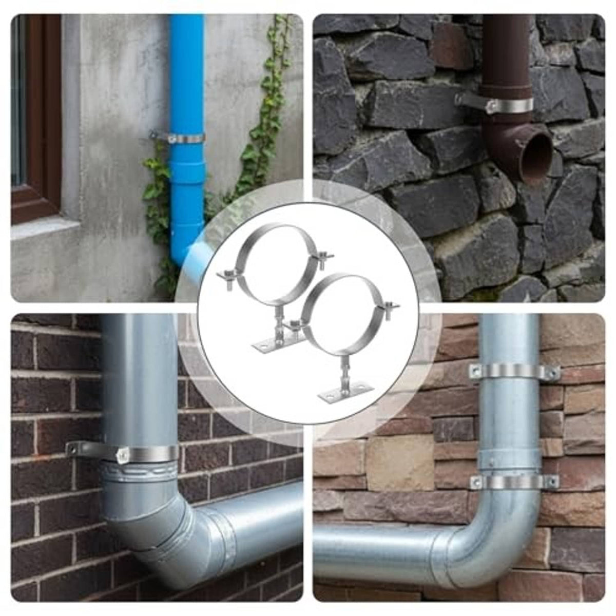 Split-ring pipe brackets clamped to galvanized pipes with mounting bases