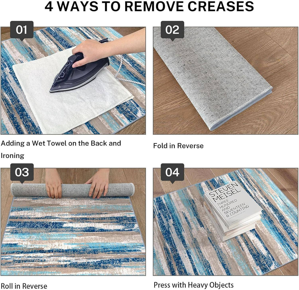 Blue abstract runner rug being pressed with an iron to remove creases