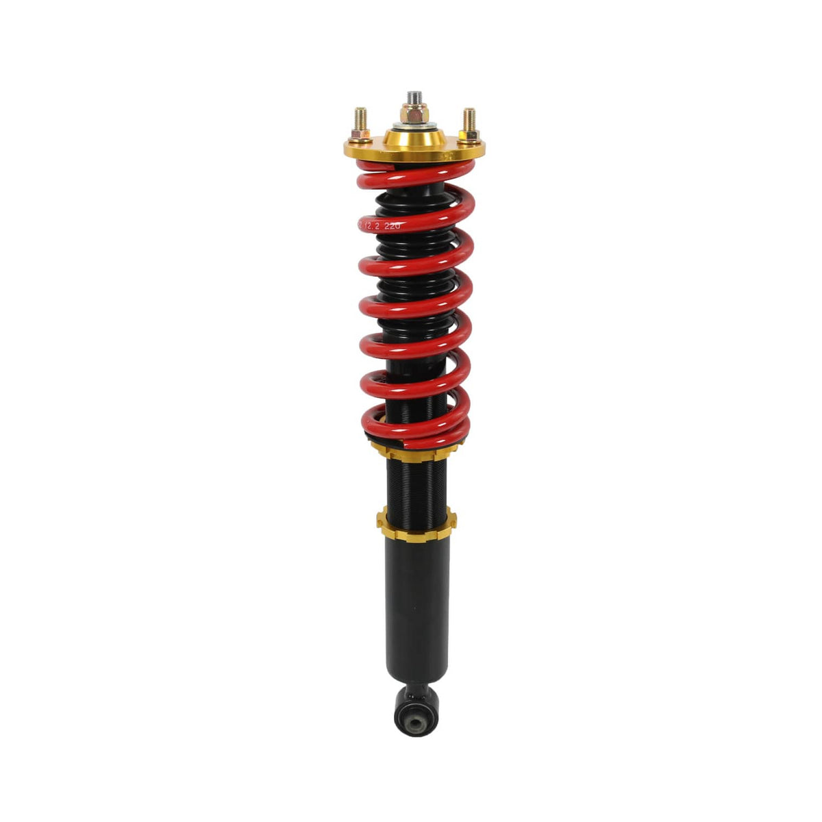 Single coilover shock with red coil spring, black damper body, and gold top mount