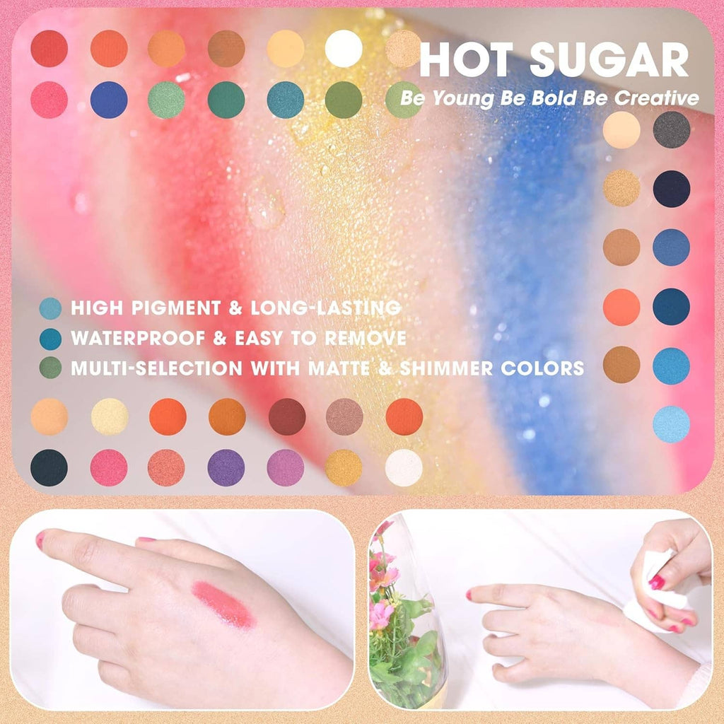 Makeup shade swatch sheet with many matte and shimmer dots in assorted colors.