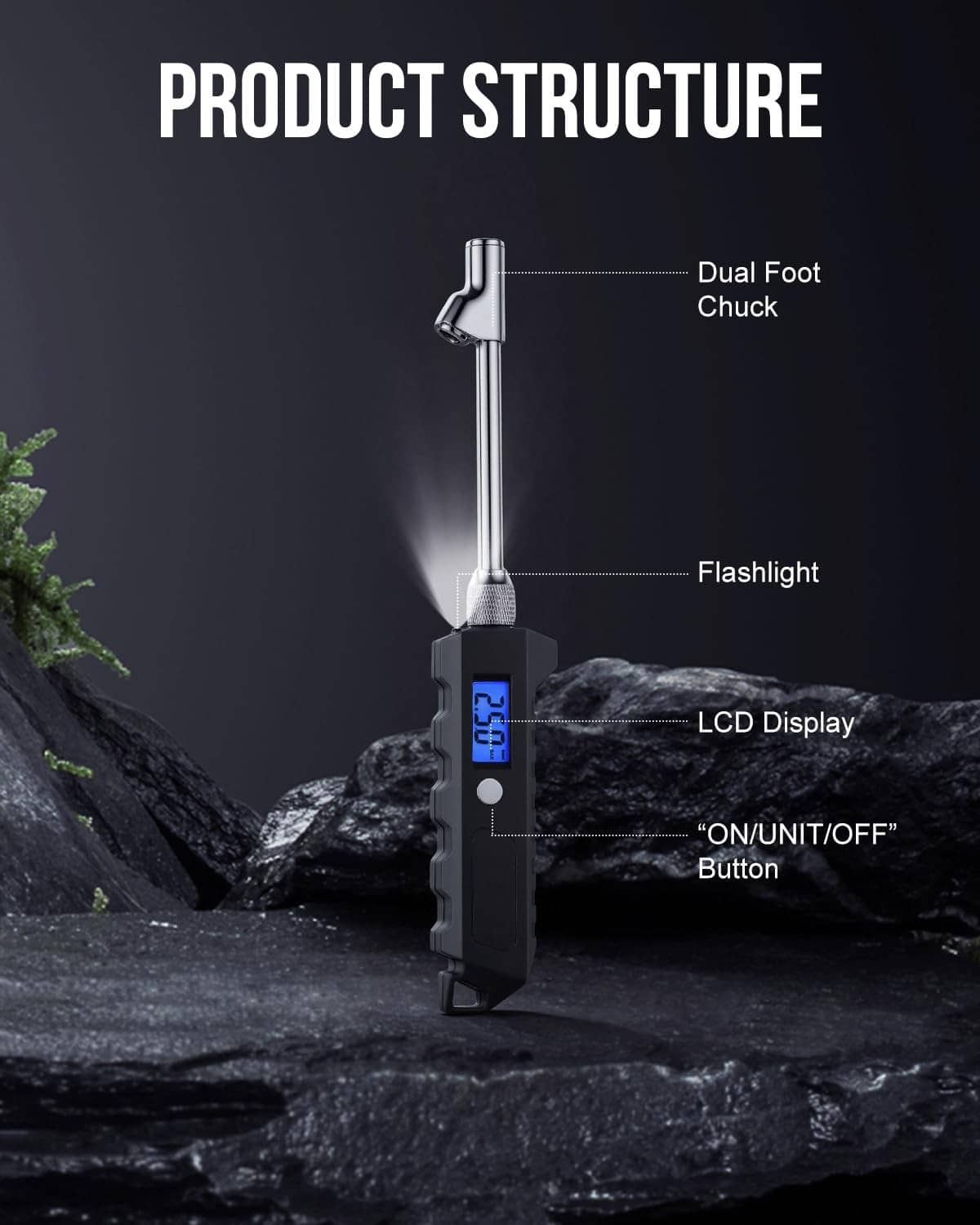 Black tire pressure gauge with LCD display, flashlight, and dual-foot chuck