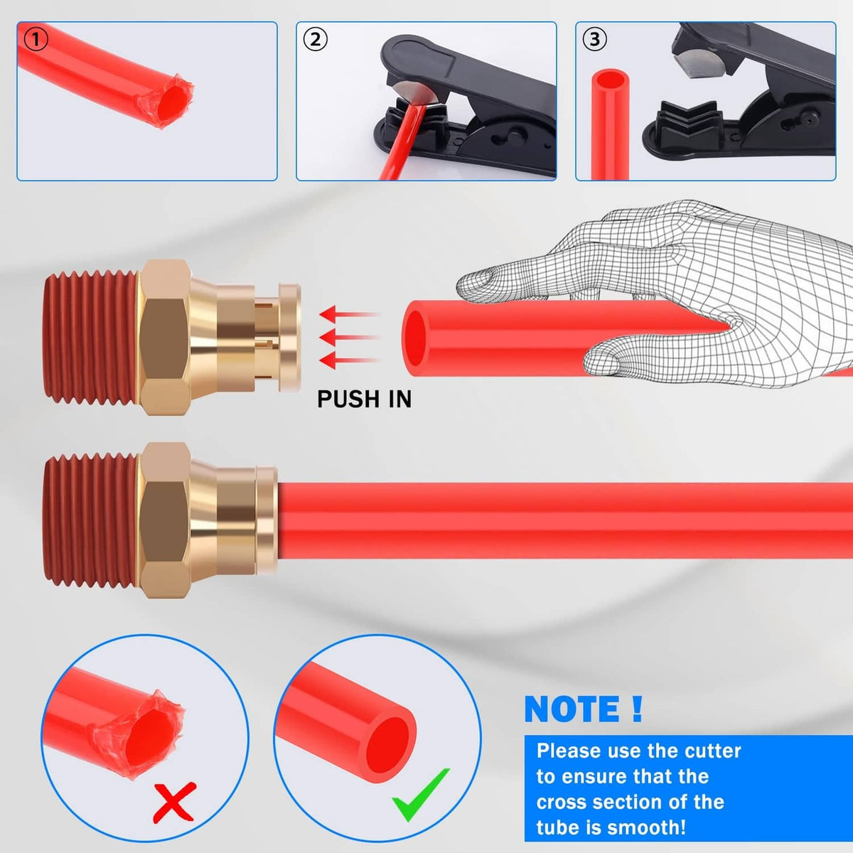 Red nylon air hose with push-in fitting end, note to cut smooth cross section.