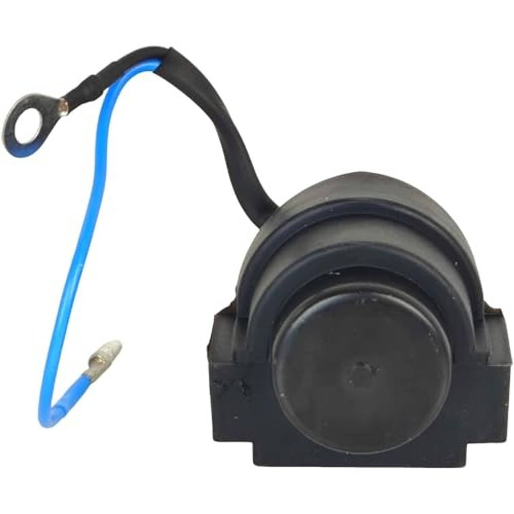 Black relay body with circular rubber cap and attached blue wire lead, ring terminal