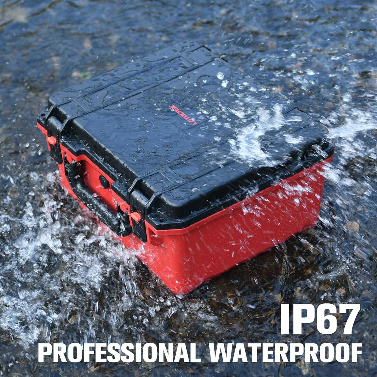 IP67 waterproof red-and-black hard case with water splashes
