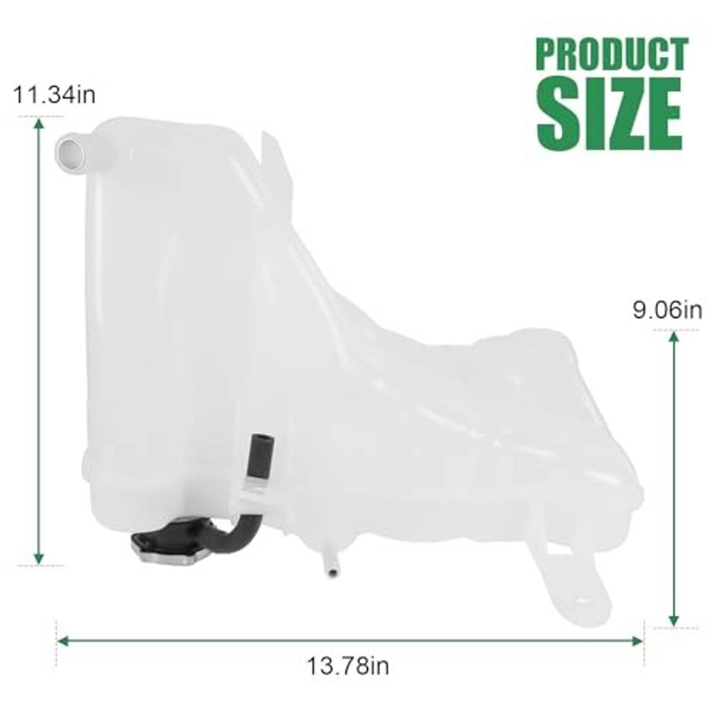 White coolant reservoir size view with metal cap and side outlet