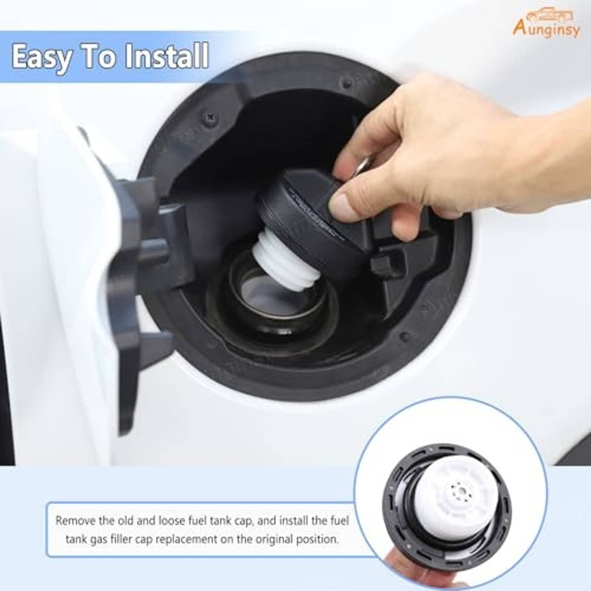 Fuel tank lock cap replacement installed in fuel door opening; hand holding the cap