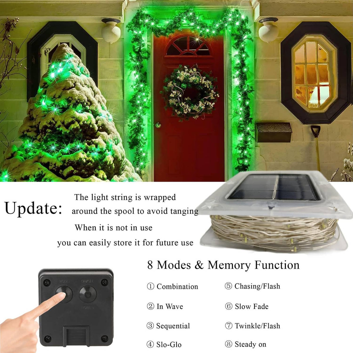 Green LED solar fairy lights with controller box and storage spool