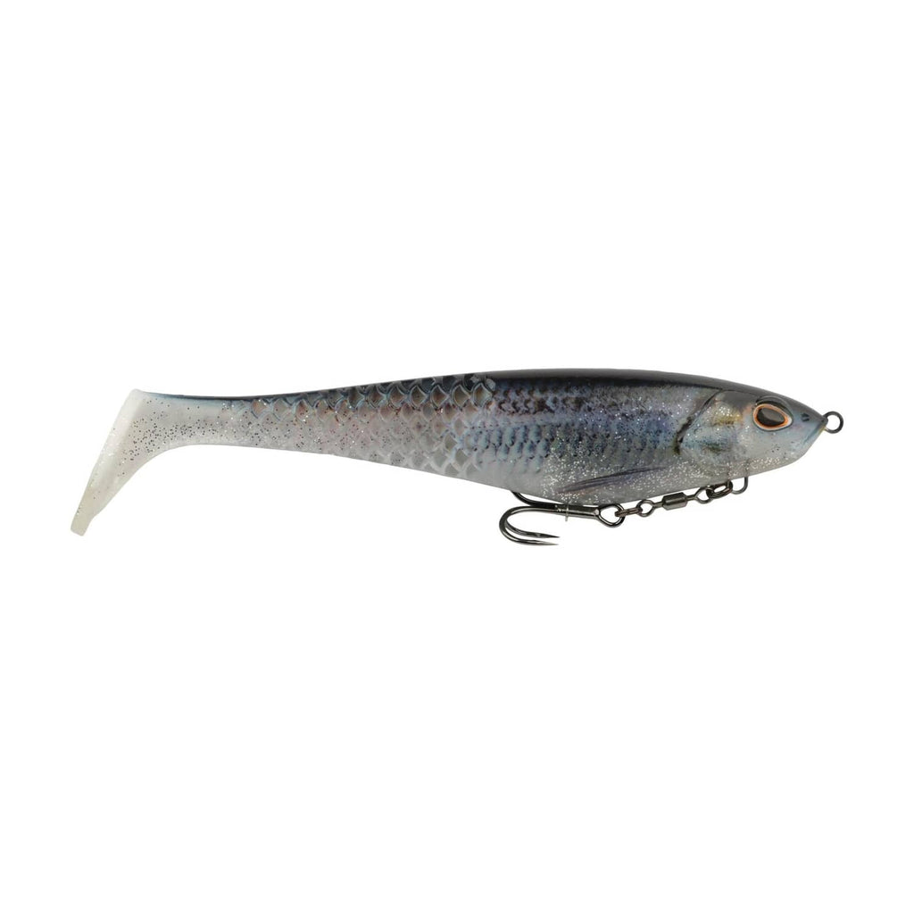 Blue-gray soft plastic swimbait with glitter, paddle tail, and treble hooks