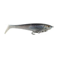 Blue-gray soft plastic swimbait with glitter, paddle tail, and treble hooks