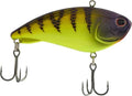 Yellow-green topwater fishing lure with dark pattern and two treble hook sets