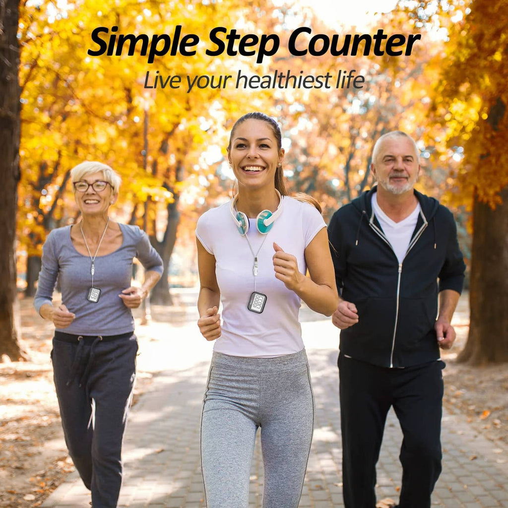Black pedometer step counter on a lanyard worn during an outdoor walk