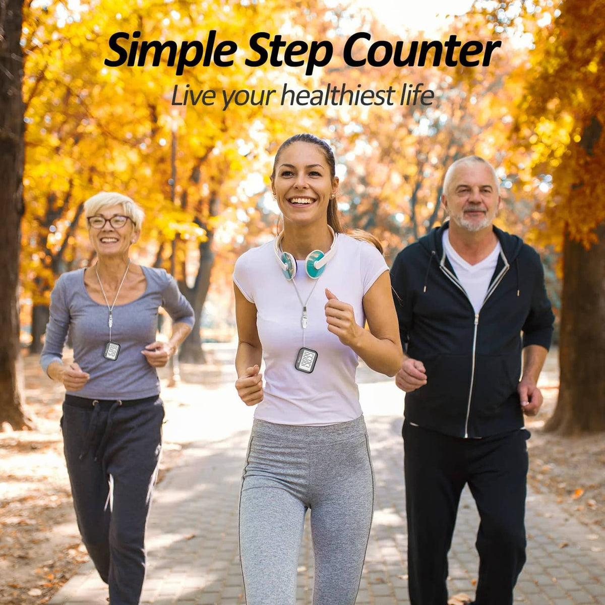 Black pedometer step counter on a lanyard worn during an outdoor walk