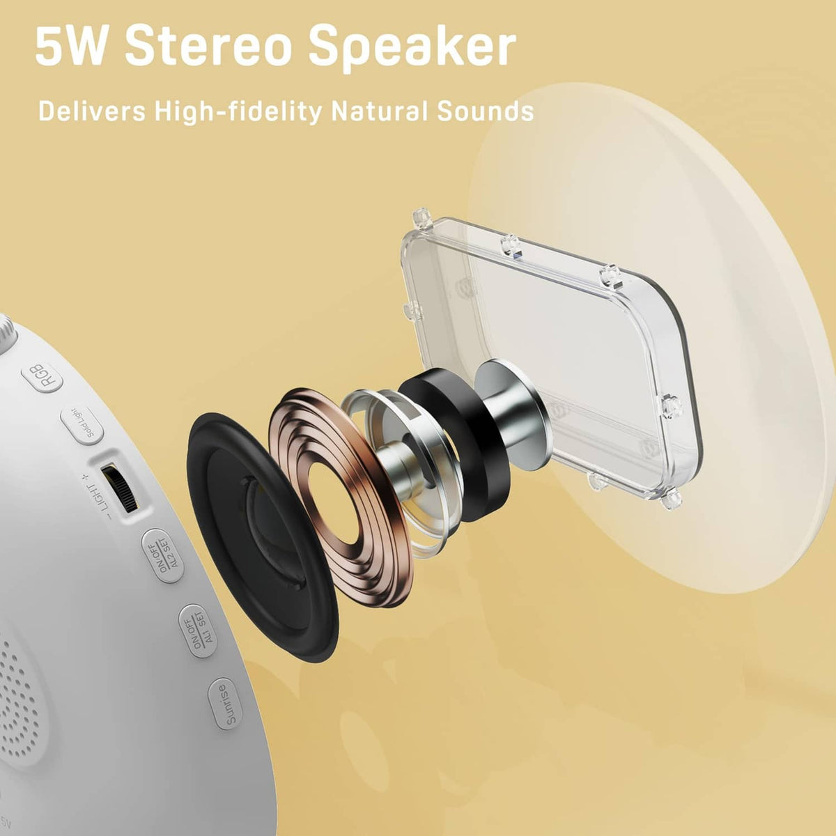 Sunrise alarm clock speaker interior with large driver and mounting ring