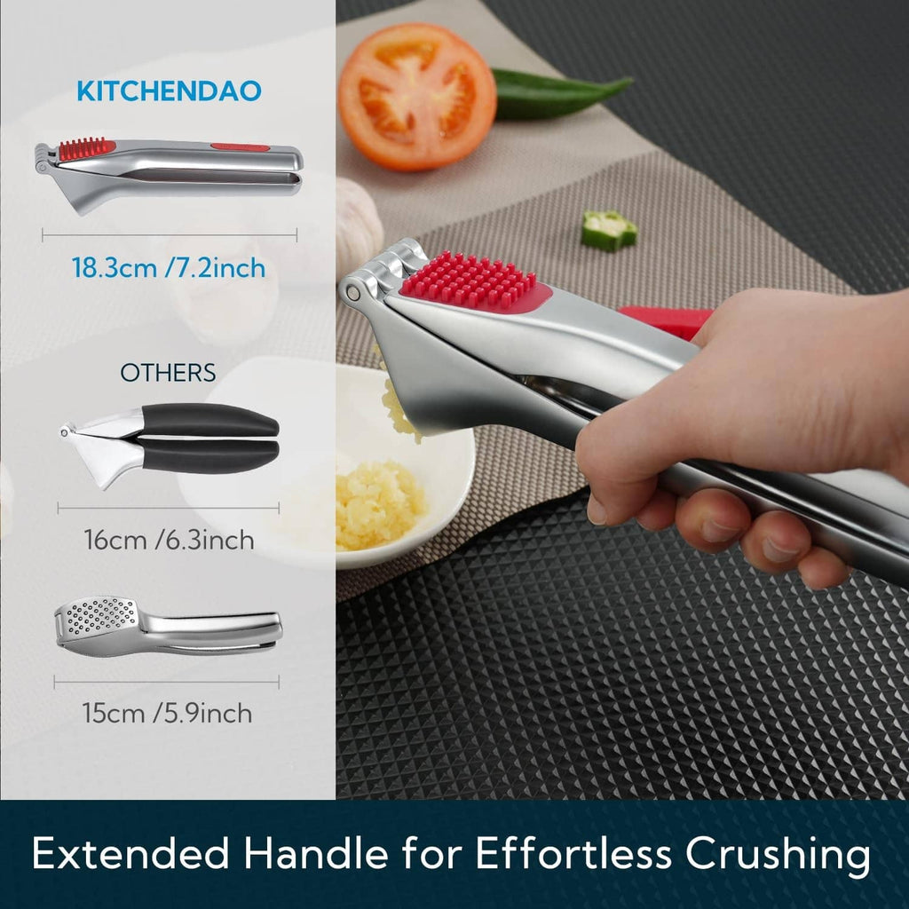 Garlic press with extended handle and red built-in scraper brush