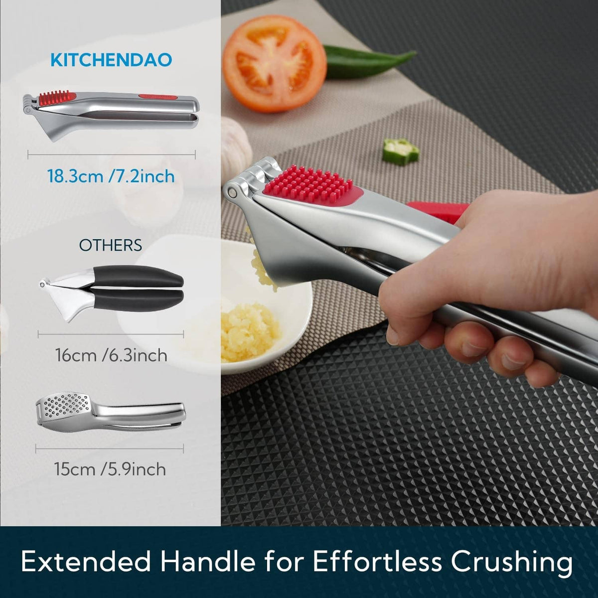 Garlic press with extended handle and red built-in scraper brush