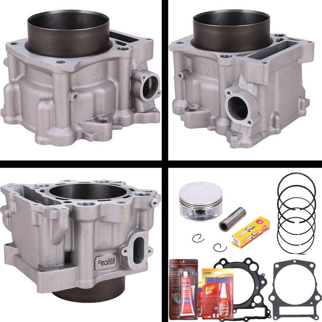 Engine cylinder block kit shown from multiple angles with piston and gaskets