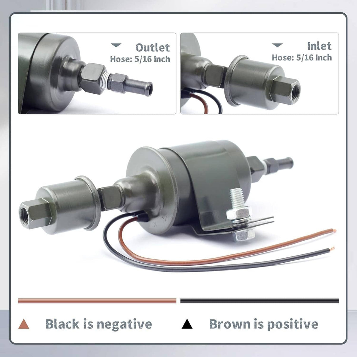 Electric fuel pump showing inlet and outlet ports with attached fuel line wiring