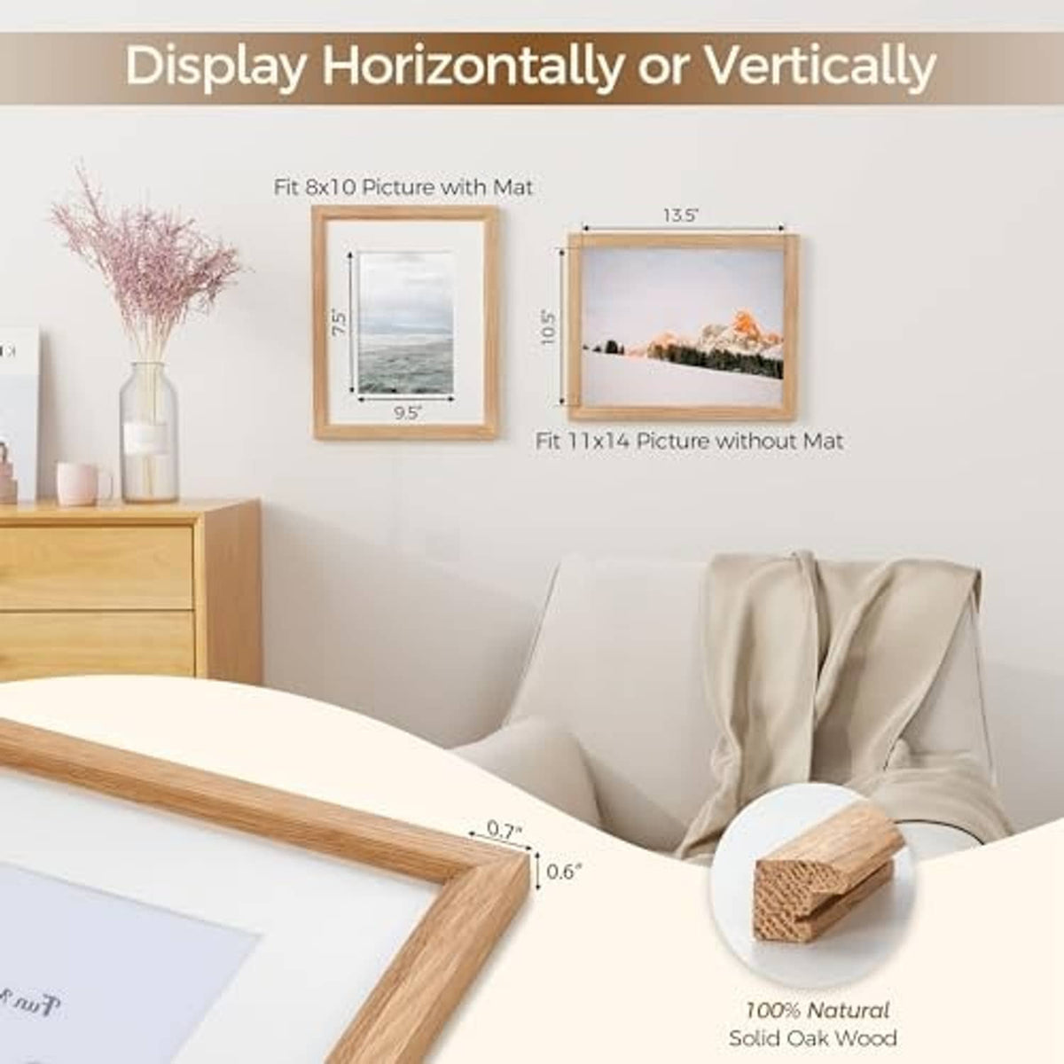 11x14 oak picture frame with removable white mat, fits 8x10 artwork