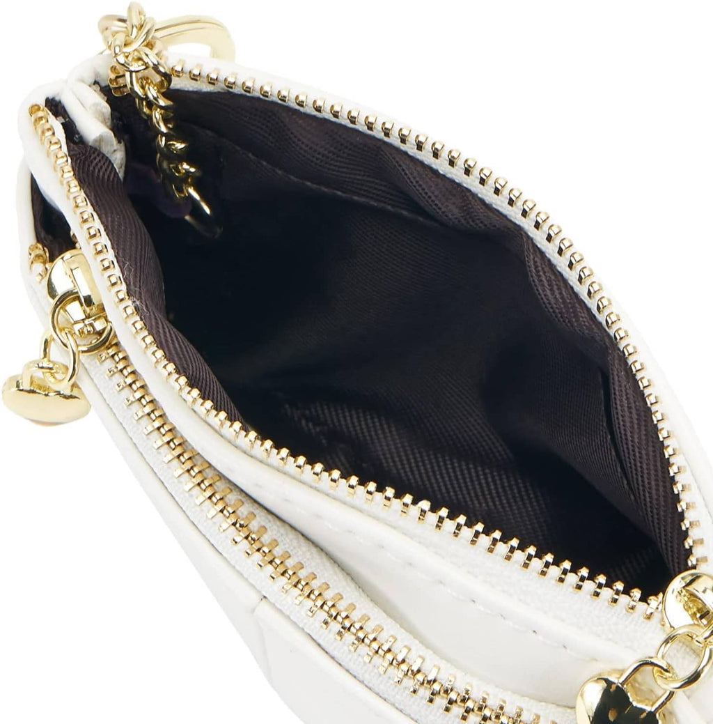 White PU mini coin purse interior with gold zippers and black lining