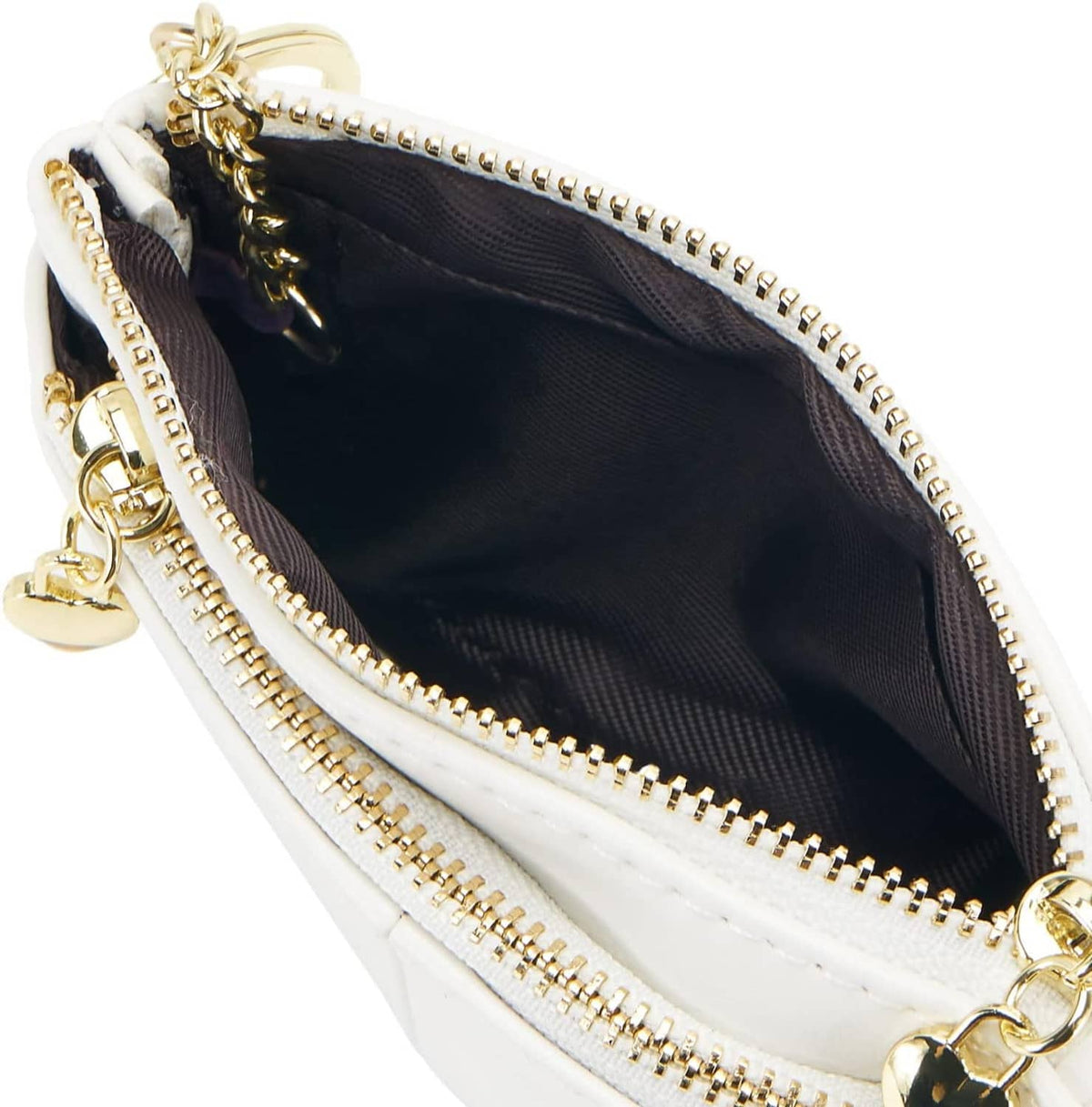 White PU mini coin purse interior with gold zippers and black lining
